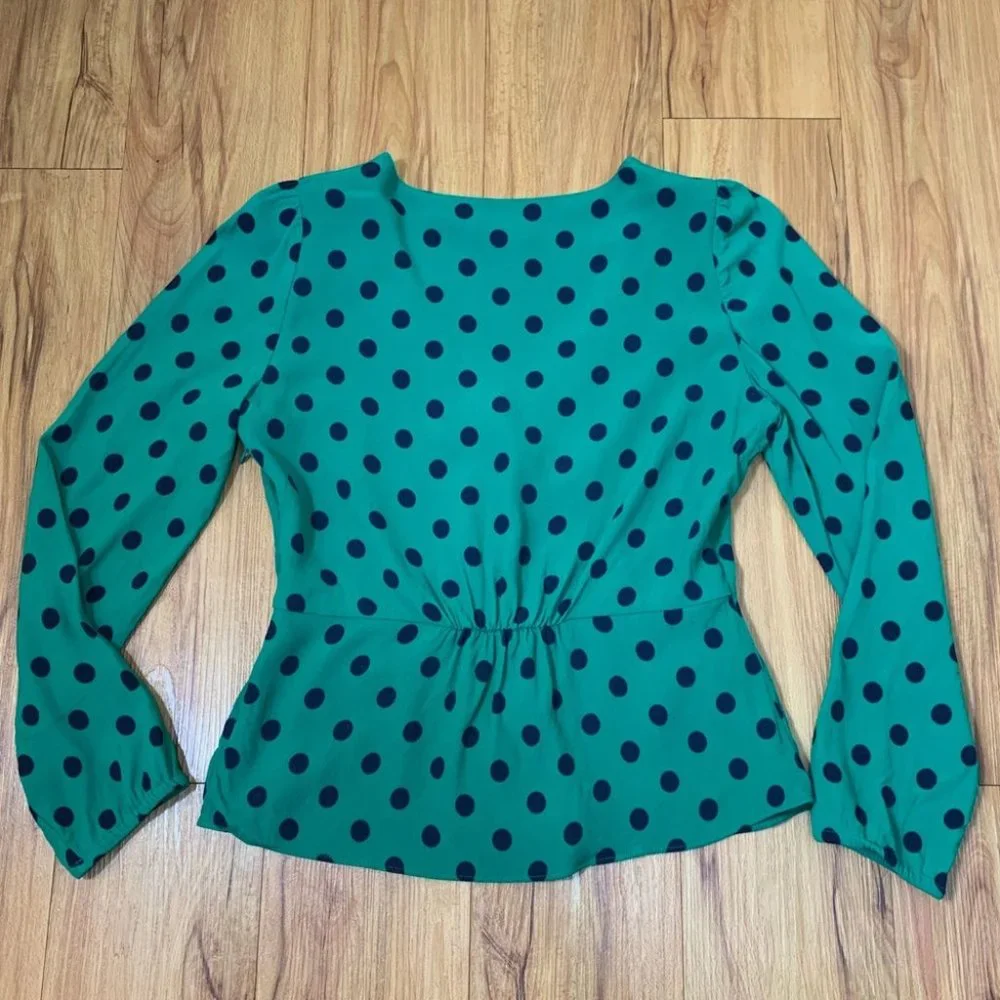 J. Crew Green & Blue Polka Dot Long Sleeves Blouse